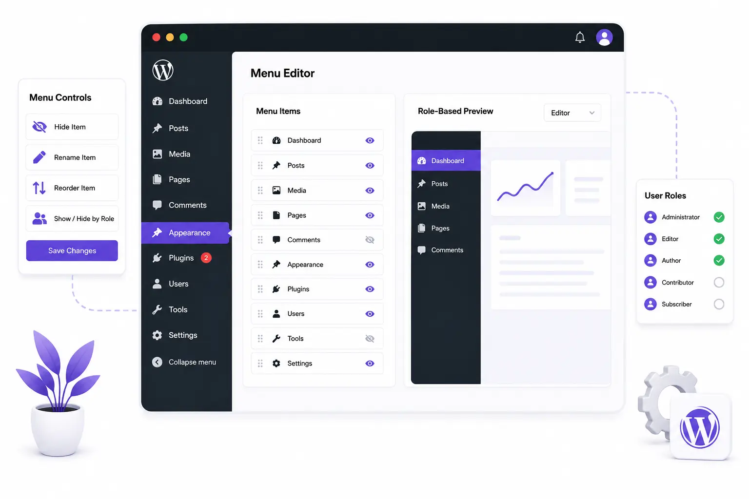 Custom WordPress admin menu management and navigation settings