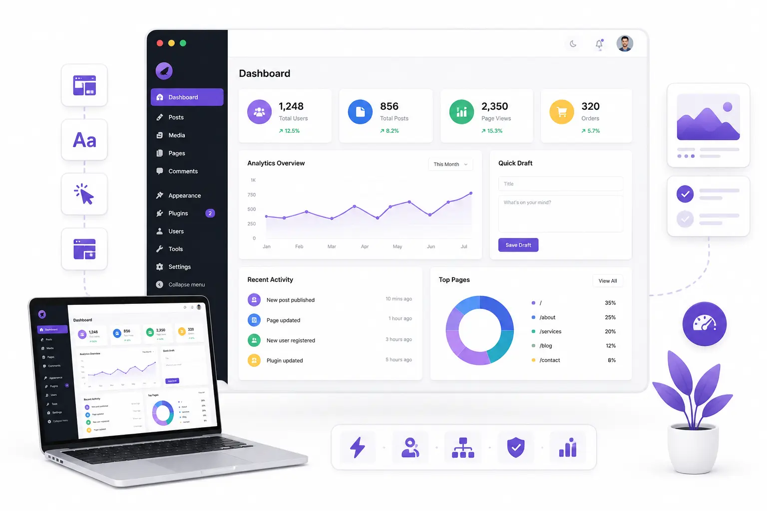 Modern WordPress admin dashboard interface with clean UI design